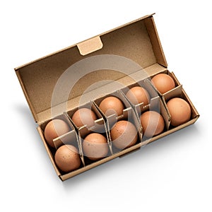 Brown corrugated cardboard carton box with chicken eggs isolated on white. Open craft paper package