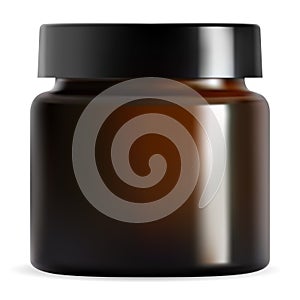 Brown cosmetic cream jar, black lid. Container