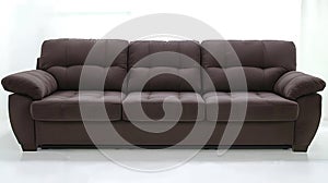 Brown couch with three sections and a white background