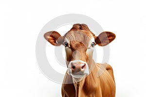 Brown Cow or bullock farm portrait looking at camera isolated on clear png background, funny moment, Farmland animals concept,