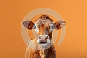 Brown Cow or bullock farm portrait looking at camera isolated on clear png background, funny moment, Farmland animals concept,