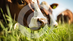 A brown cow grazes on a meadow and eats a young spring grass closeup.