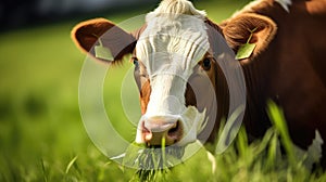 A brown cow grazes on a meadow and eats a young spring grass closeup.