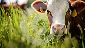 A brown cow grazes on a meadow and eats a young spring grass closeup.