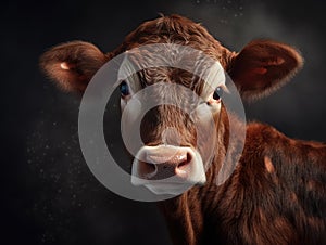 Brown cow is standing in front of black background. The cow has big eyes and appears to be looking at something