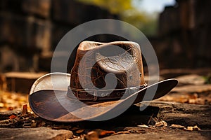 Brown cowboy hat, worn boots near vintage ranch wall