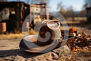 Brown cowboy hat, worn boots near vintage ranch wall