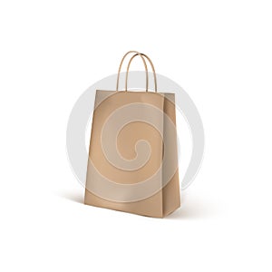 Brown craft eco shopping bag mockup. Realistic 3d shopping packaging blank isolated on white background. Brown bag