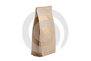 Brown craft small paper bag packaging template isolated on white background. Stand-up pouch side view package. Brown