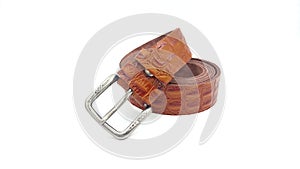 Brown crocodile leather belt on isolated white