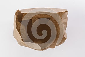 Brown crumpled paper bag top view