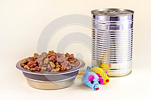 Brown crunchy organic kitty kibble pieces in a bowl, toy mice and wet cat food in metal can for pet feed on light background.