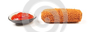 Brown crusty dutch kroket with ketchup isolated