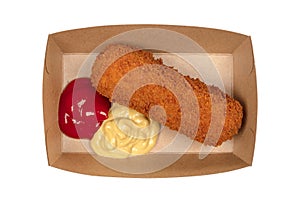 Brown crusty dutch kroket with mustard and ketchup isolated