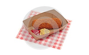 Brown crusty dutch kroket with mustard and ketchup isolated