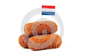 Brown crusty dutch kroketten with dutch flag