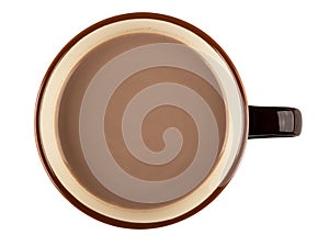 Brown cup of cocoa with milk isolated on white. Top view