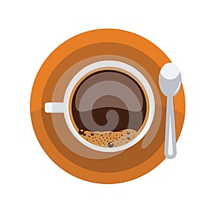 Brown cup of coffee with foam and saucer. Mock up with top view. Flat and solid color vector.