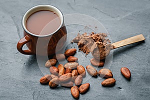 Brown cup of fresh cocoa drink with cocoa beans and powder