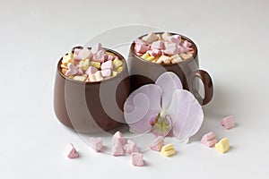 Brown cups of hot cocoa with marshmallows in heart shape on white background