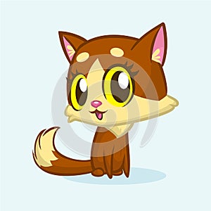 Brown cute kitty with green eyes and fluffy tail sitting. Vector cartoon cat illustration or icon.