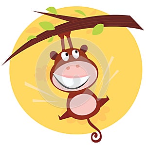 Brown cute monkey hanging from tree