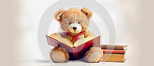 brown cute teddybear is reading fairy tales and is sitting on white background, generative ai illustration