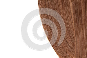 Brown dark hair, isolated on white background. Flat lay and copy space