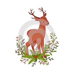 Brown Deer Near Fir Tree Twigs. Hoofed Ruminant Mammal Standing in Branches Vector Illustration