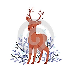 Brown Deer Near Floral Twigs. Hoofed Ruminant Mammal Standing in Branches Vector Illustration