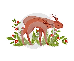 Brown Deer Near Floral Twigs. Hoofed Ruminant Mammal Standing with Its Head Bending Vector Illustration