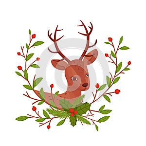 Brown Deer Near Floral Twigs. Hoofed Ruminant Mammal Sticking Out Its Head Through Winter Flora Vector Illustration