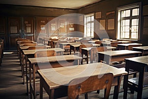 Brown desks on wooden floor, retro walls vintage classroom interior image. Generative ai