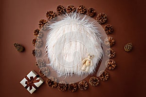 Brown digital backdrop for newborn photography with pine cones and white fur