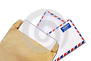 Brown document and air mail envelope isolated