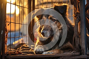 Brown dog behind rusty metal bars. Close-up animal portrait with emotional impact