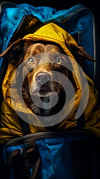 Brown dog with blue eyes sitting in blue and yellow bag