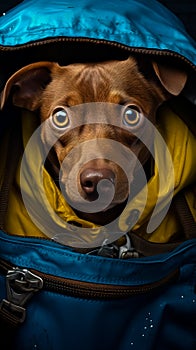 Brown dog with blue eyes sitting in blue and yellow bag