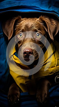 Brown dog with blue eyes sitting in blue and yellow bag