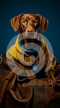Brown dog with blue eyes sitting in blue and yellow bag