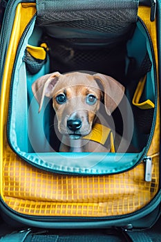 Brown dog with blue eyes sitting in blue and yellow bag with yellow collar. Generative AI