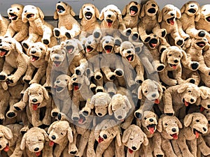 Brown dog dolls hang on to the wall for sales in kid depart at departmentstore