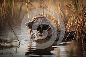 Brown dog of a hunting breed stands in a lake or river and looking out for prey. The beginning of the hunting season concept.