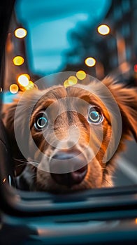 Brown dog with its head out of the open window of a black car, enjoying the breeze, AI generated