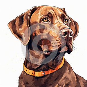 Brown dog with an orange collar, looking at camera. It is positioned in front of white background, and its eyes are