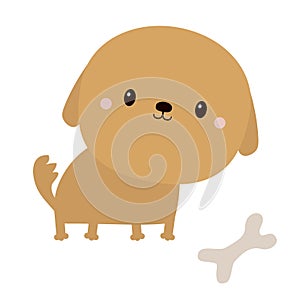 Brown dog puppy with bone. Cute cartoon kawaii pet baby animal character. Round face icon. Funny baby. Love greeting card. Sticker