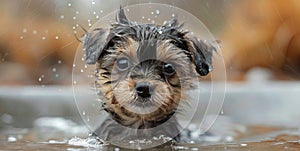 Brown Dog Taking a Bath in Bathtub