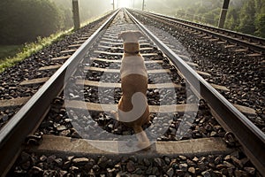 A brown dog sits on a railroad track.