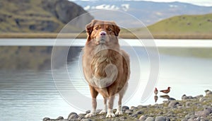 a brown dog standing on top of a rocky beach next to a lake. generative ai