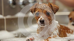 Brown Dog Taking a Bath in Bathtub